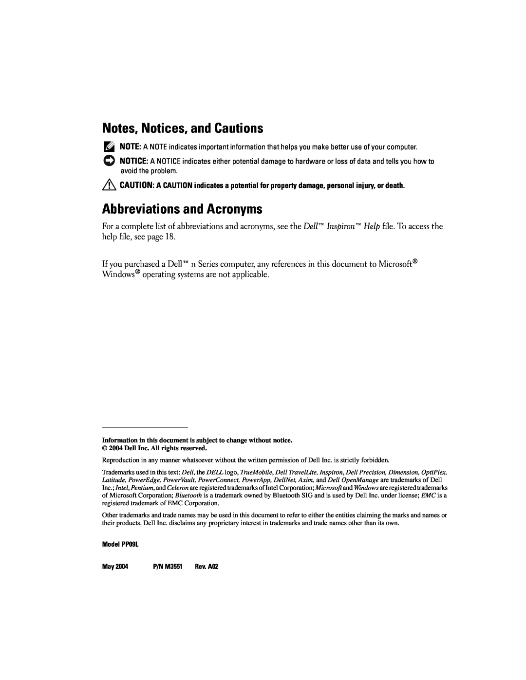 Dell owner manual Notes, Notices, and Cautions, Abbreviations and Acronyms, Model PP09L, P/N M3551 Rev. A02 