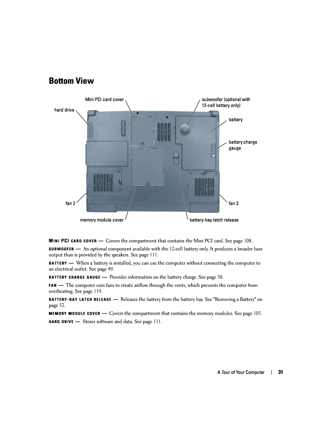 Dell PP09L owner manual Bottom View, battery-bay latch release 