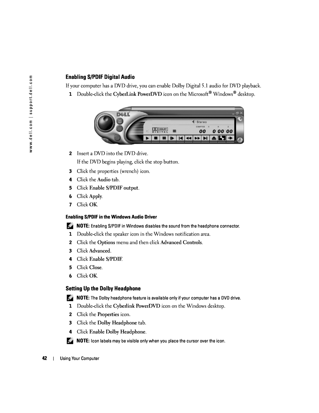 Dell PP09L owner manual Enabling S/PDIF Digital Audio, Setting Up the Dolby Headphone 
