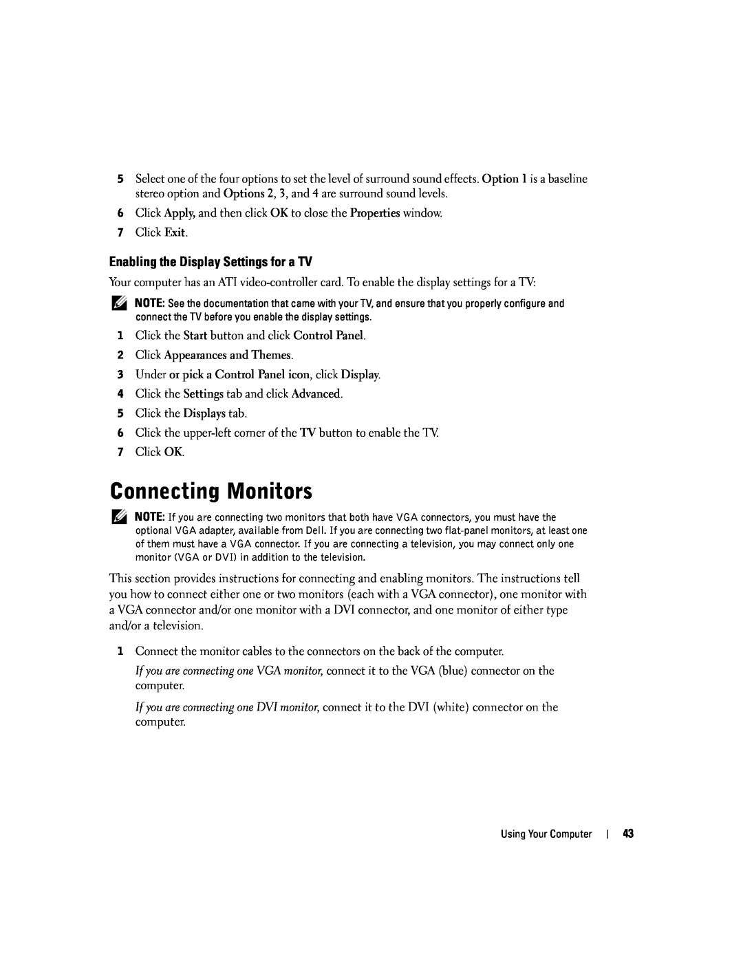 Dell PP09L owner manual Enabling the Display Settings for a TV, Connecting Monitors 
