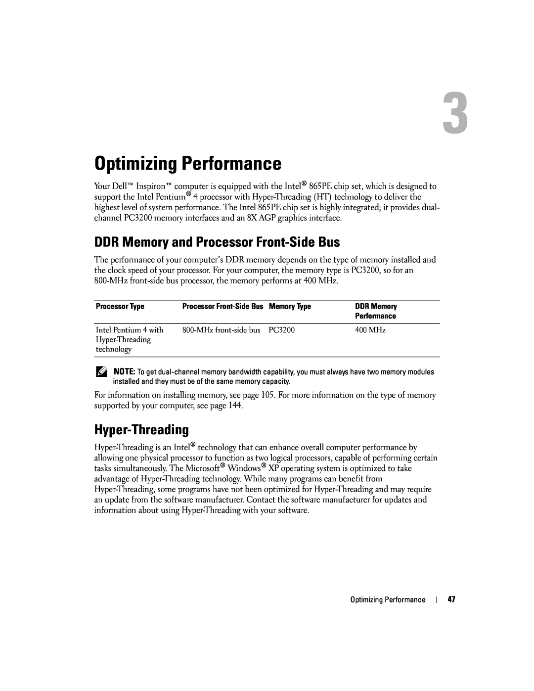 Dell PP09L owner manual Optimizing Performance, DDR Memory and Processor Front-Side Bus, Hyper-Threading 