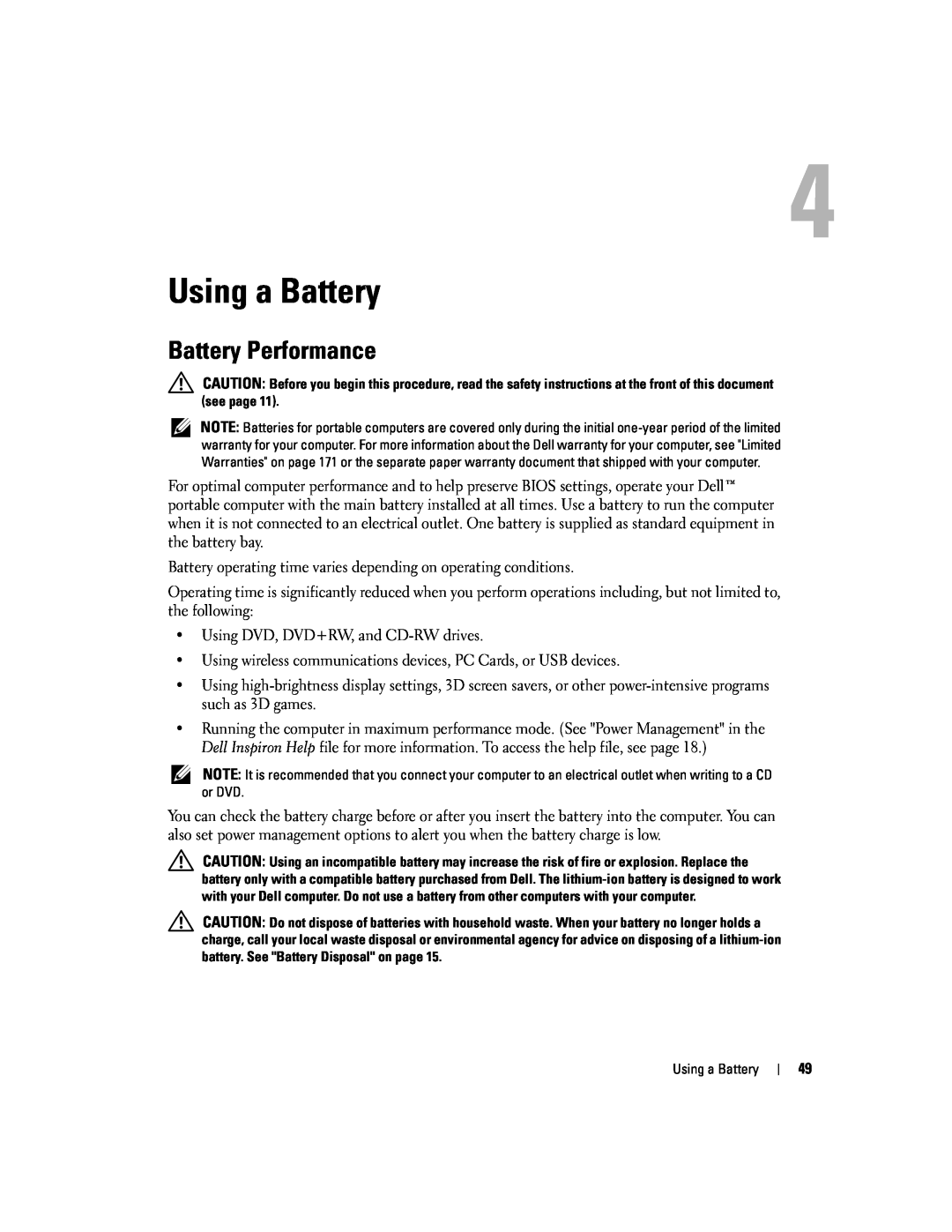 Dell PP09L owner manual Using a Battery, Battery Performance 