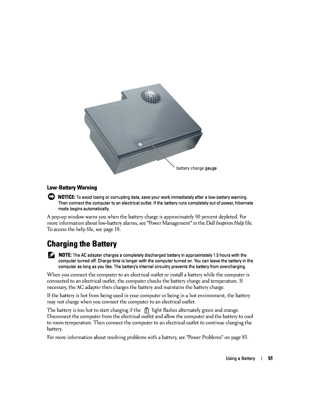 Dell PP09L owner manual Charging the Battery, Low-Battery Warning 