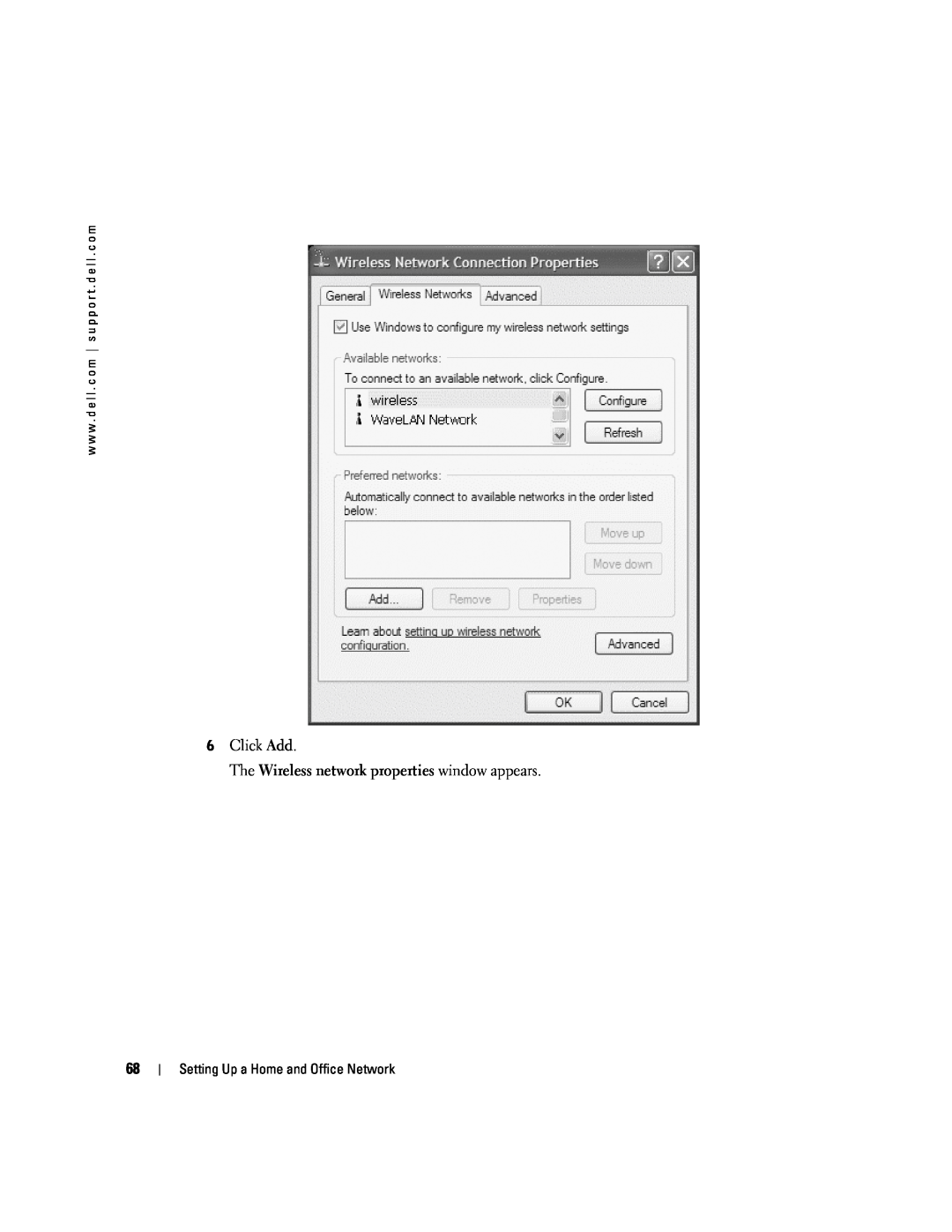 Dell PP09L owner manual Click Add The Wireless network properties window appears, Setting Up a Home and Office Network 