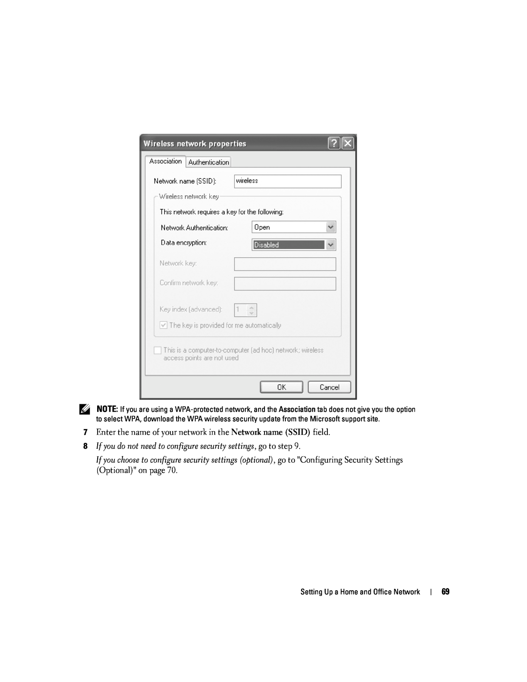 Dell PP09L owner manual Enter the name of your network in the Network name SSID field 