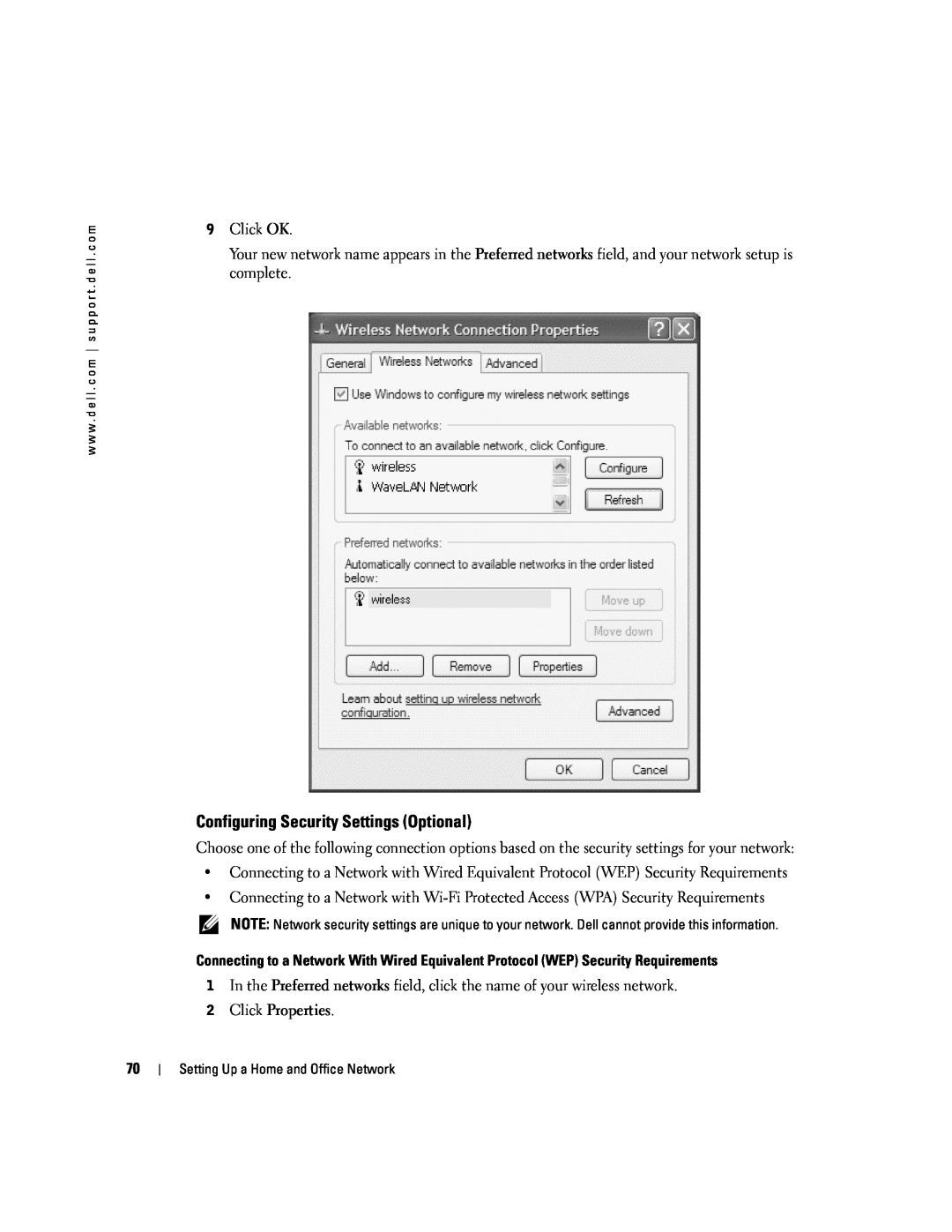 Dell PP09L owner manual Configuring Security Settings Optional 