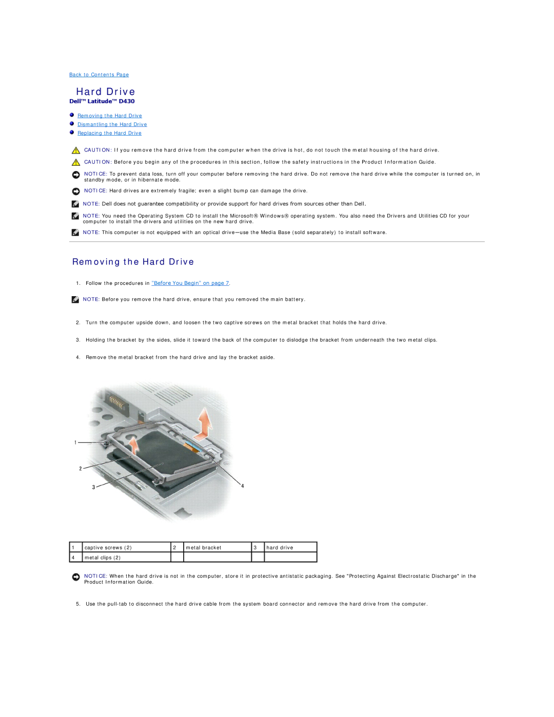 Dell D430, PP09S manual Removing the Hard Drive 