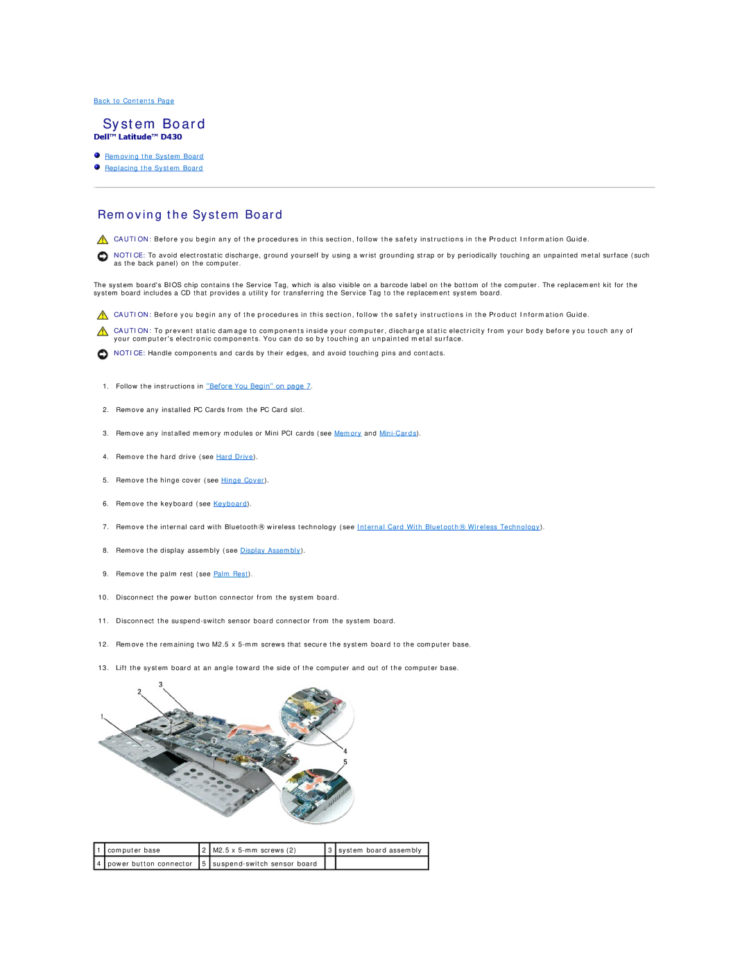 Dell D430, PP09S manual Removing the System Board 