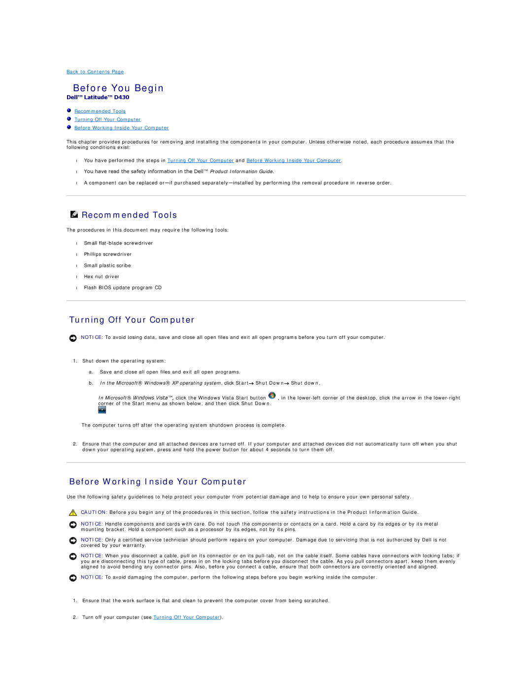 Dell PP09S, D430 manual Before You Begin, Recommended Tools, Turning Off Your Computer, Before Working Inside Your Computer 