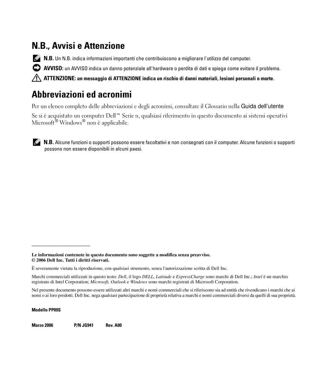 Dell PP09S, JG941 manual Avvisi e Attenzione, Abbreviazioni ed acronimi 