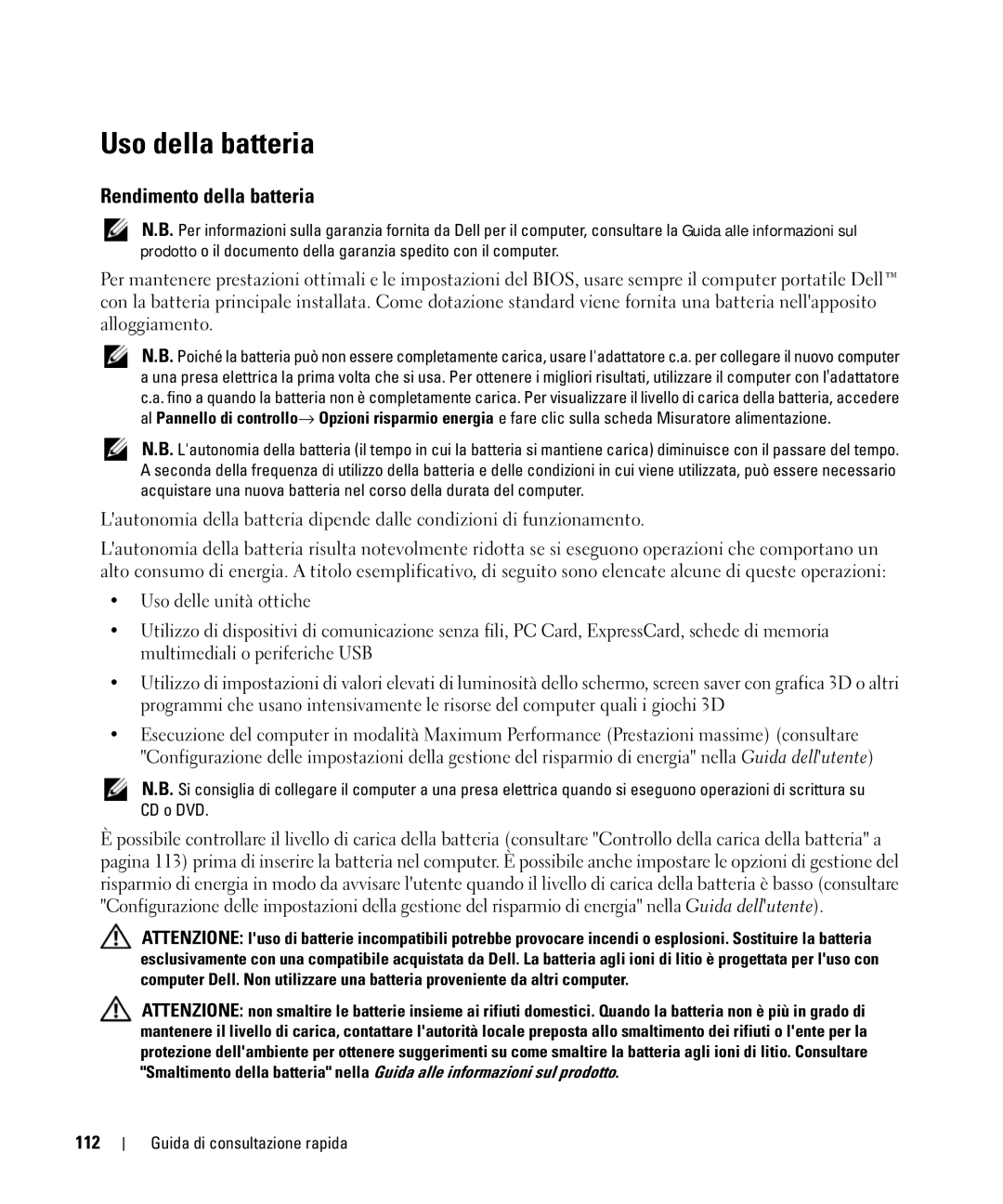 Dell PP09S, JG941 manual Uso della batteria, Rendimento della batteria, 112 