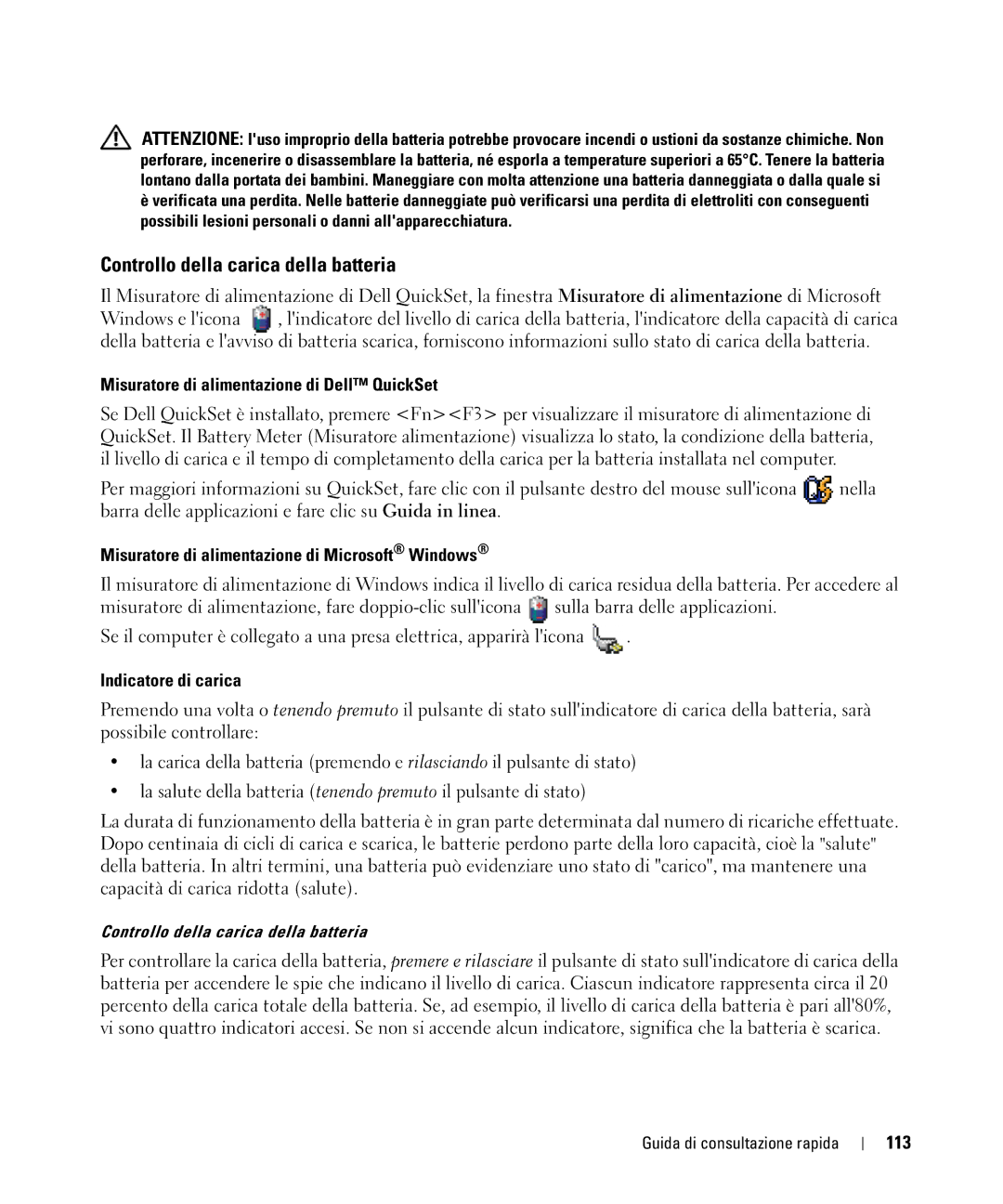 Dell JG941 Controllo della carica della batteria, Misuratore di alimentazione di Dell QuickSet, Indicatore di carica, 113 