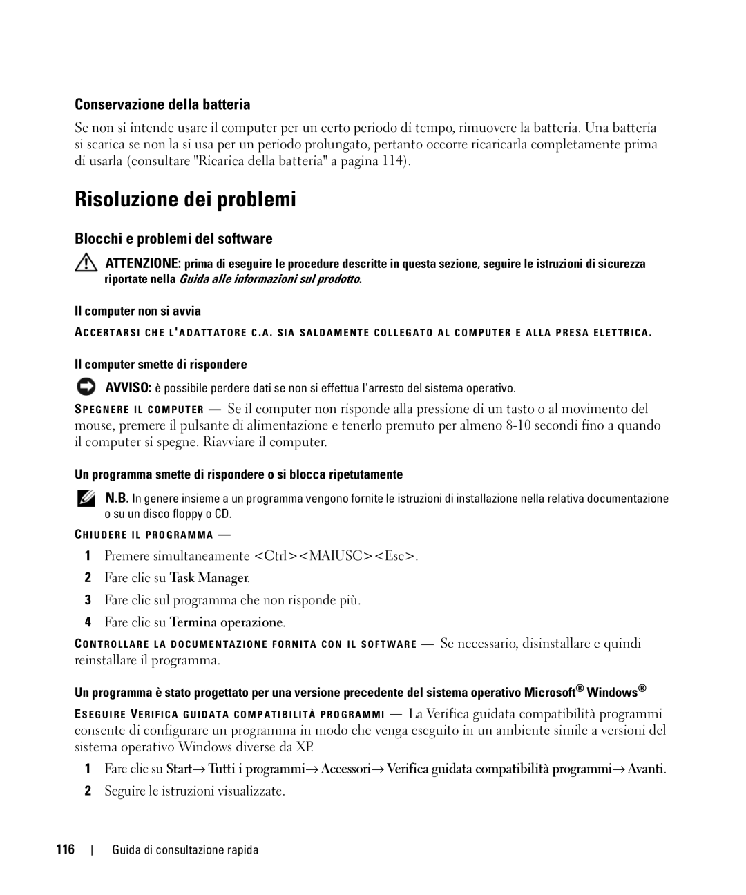 Dell PP09S, JG941 manual Risoluzione dei problemi, Conservazione della batteria, Blocchi e problemi del software 