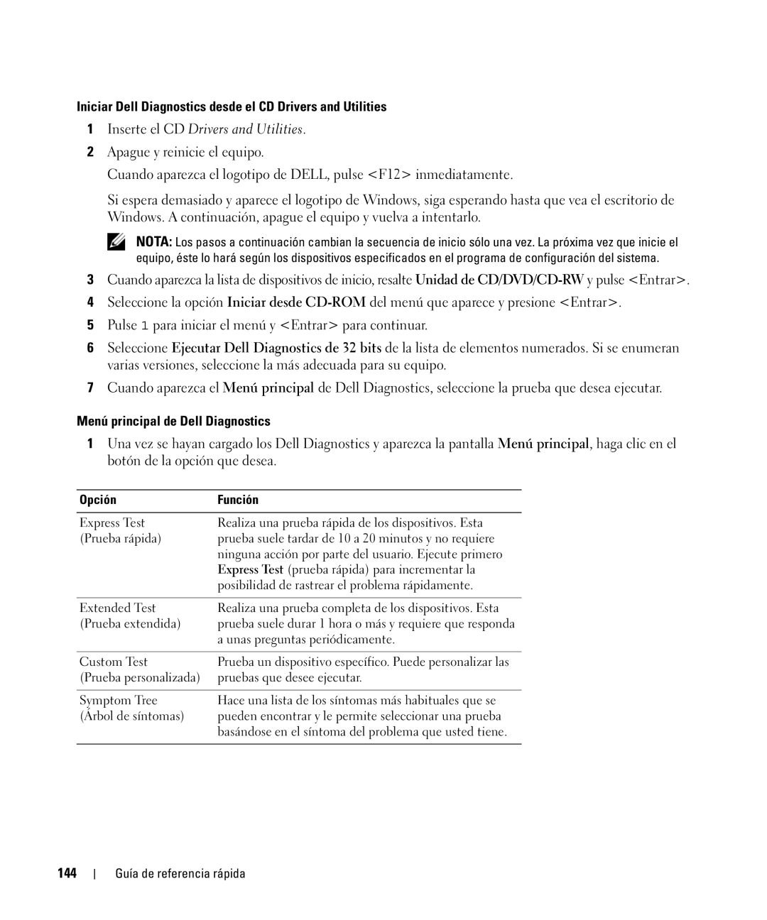 Dell PP09S, JG941 manual Iniciar Dell Diagnostics desde el CD Drivers and Utilities, Menú principal de Dell Diagnostics, 144 