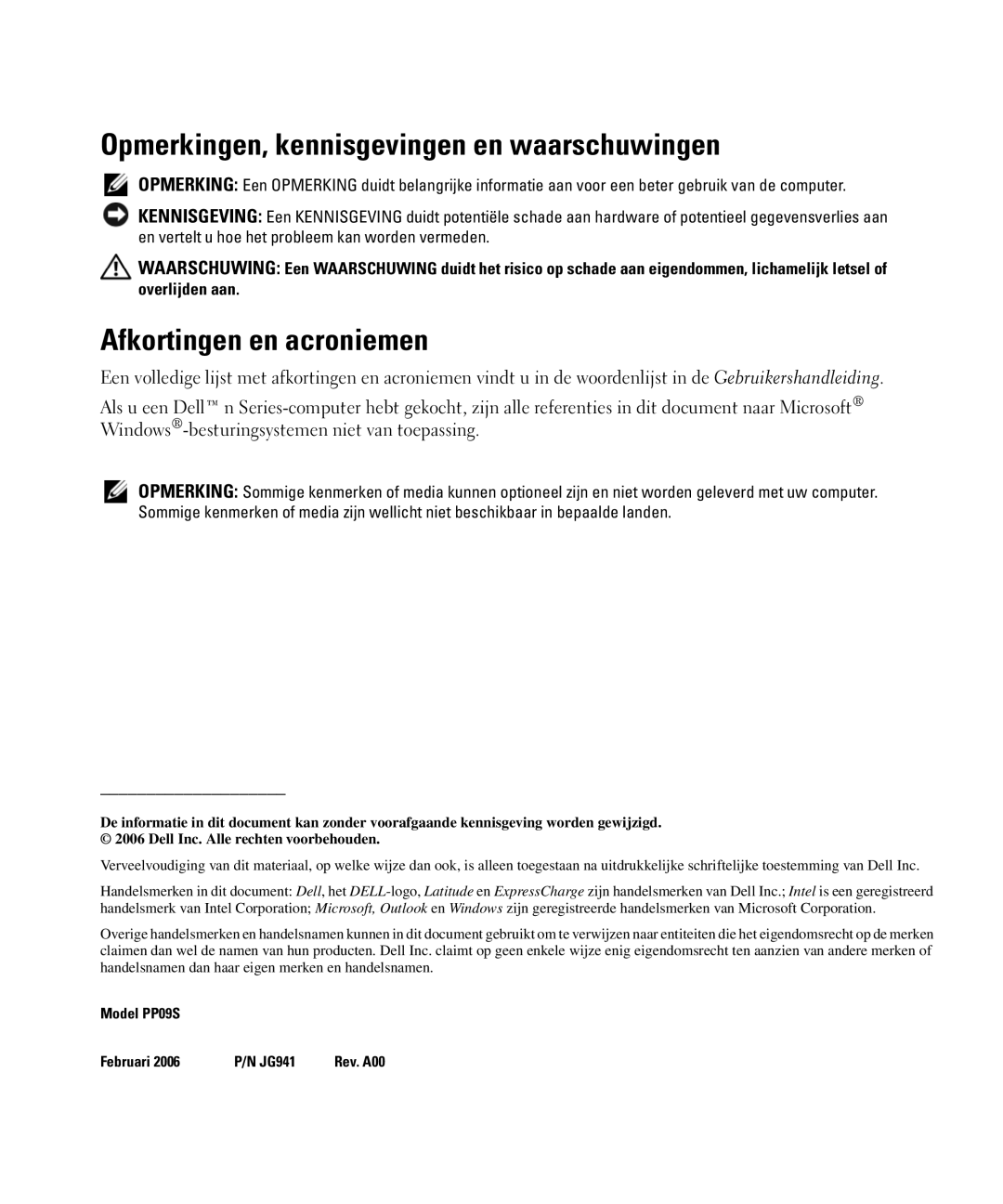 Dell PP09S, JG941 manual Opmerkingen, kennisgevingen en waarschuwingen, Afkortingen en acroniemen 