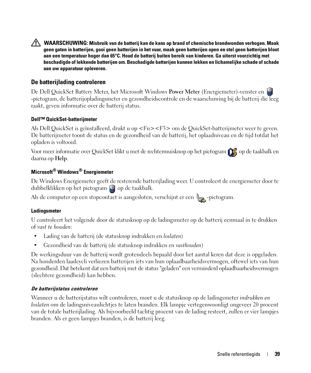 Dell JG941, PP09S De batterijlading controleren, Dell QuickSet-batterijmeter, Microsoft Windows Energiemeter, Ladingsmeter 