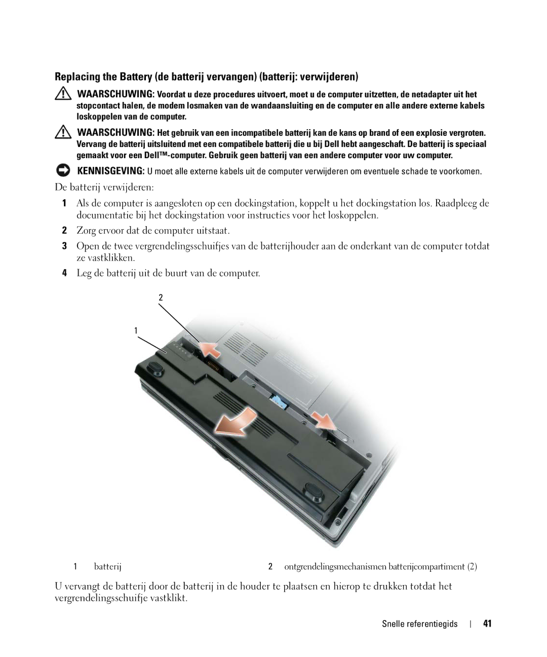 Dell JG941, PP09S manual Batterij Ontgrendelingsmechanismen batterijcompartiment 