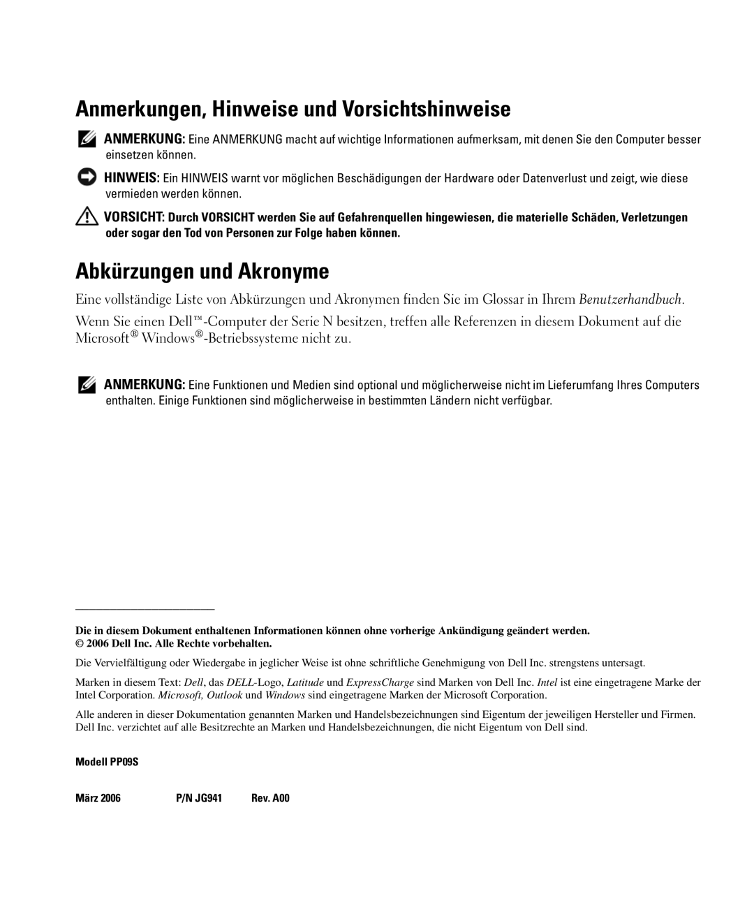 Dell PP09S, JG941 manual Anmerkungen, Hinweise und Vorsichtshinweise, Abkürzungen und Akronyme 