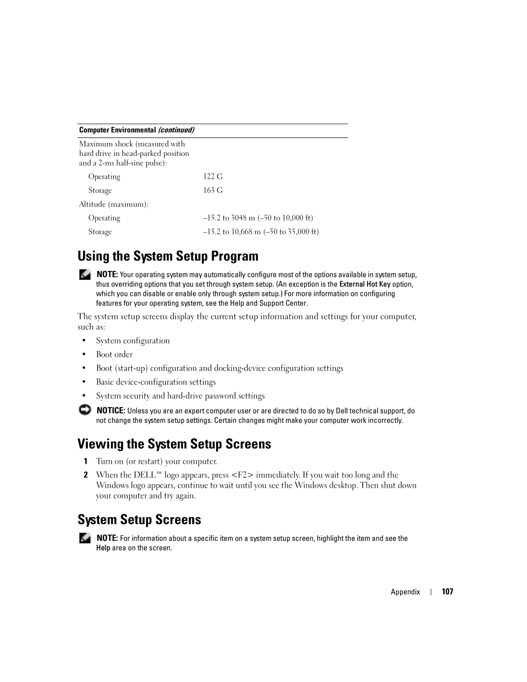 Dell PP10L owner manual Using the System Setup Program, Viewing the System Setup Screens, 107 