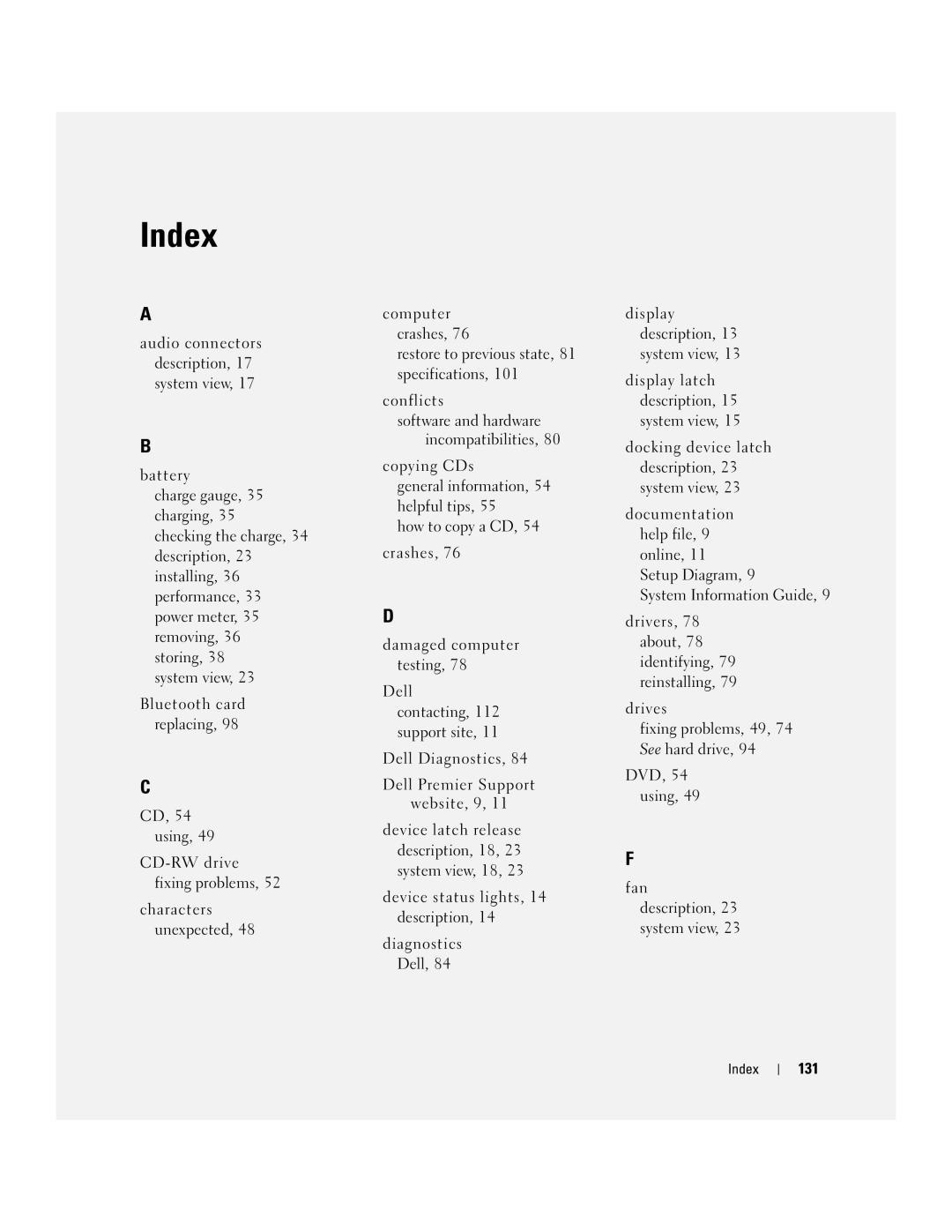 Dell PP10L owner manual Index, 131 