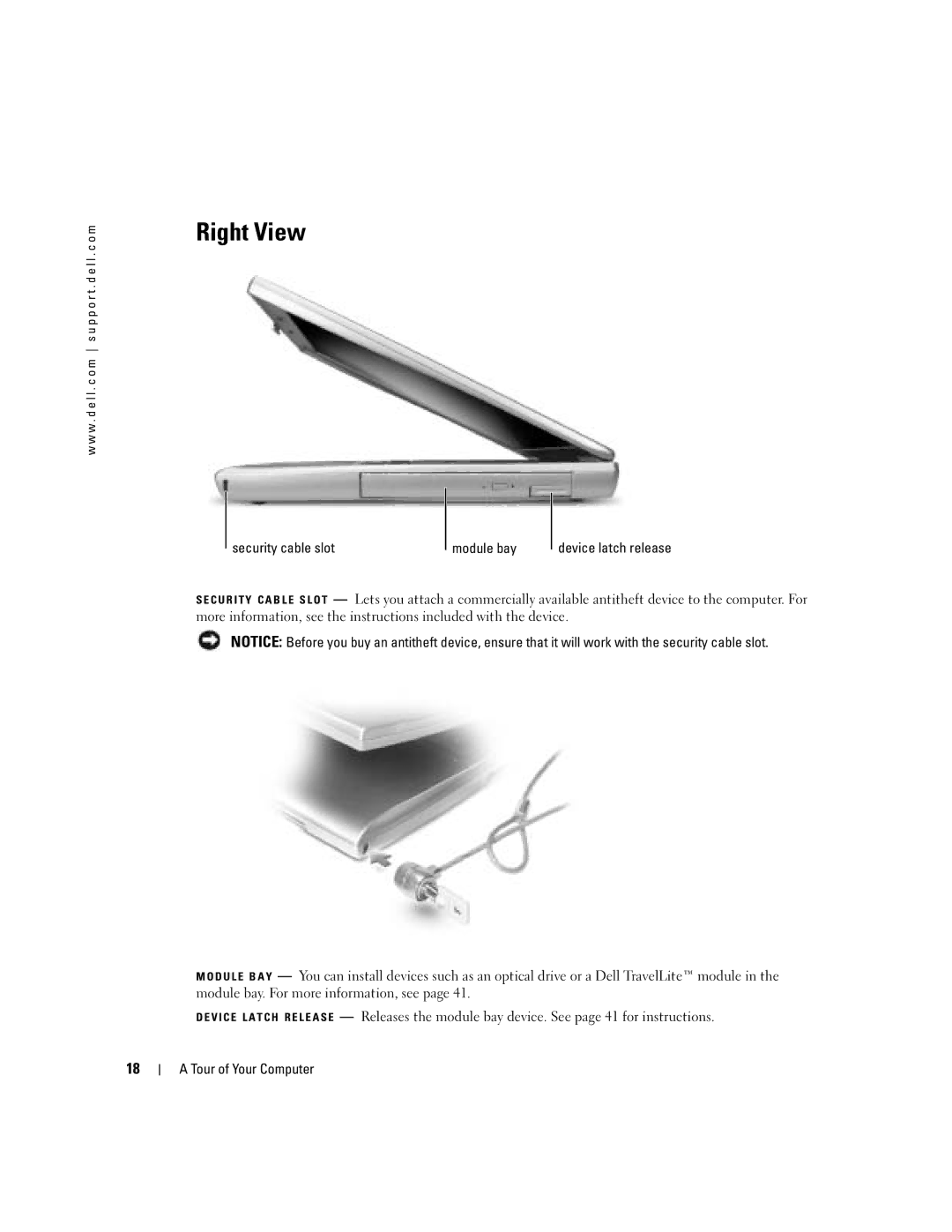 Dell PP10L owner manual Right View, Security cable slot Module bay 