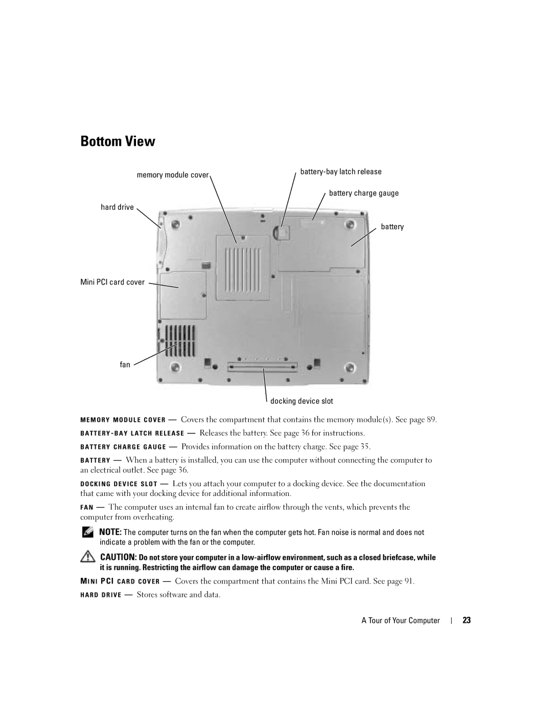 Dell PP10L owner manual Bottom View, Memory module cover Battery-bay latch release, Hard drive 