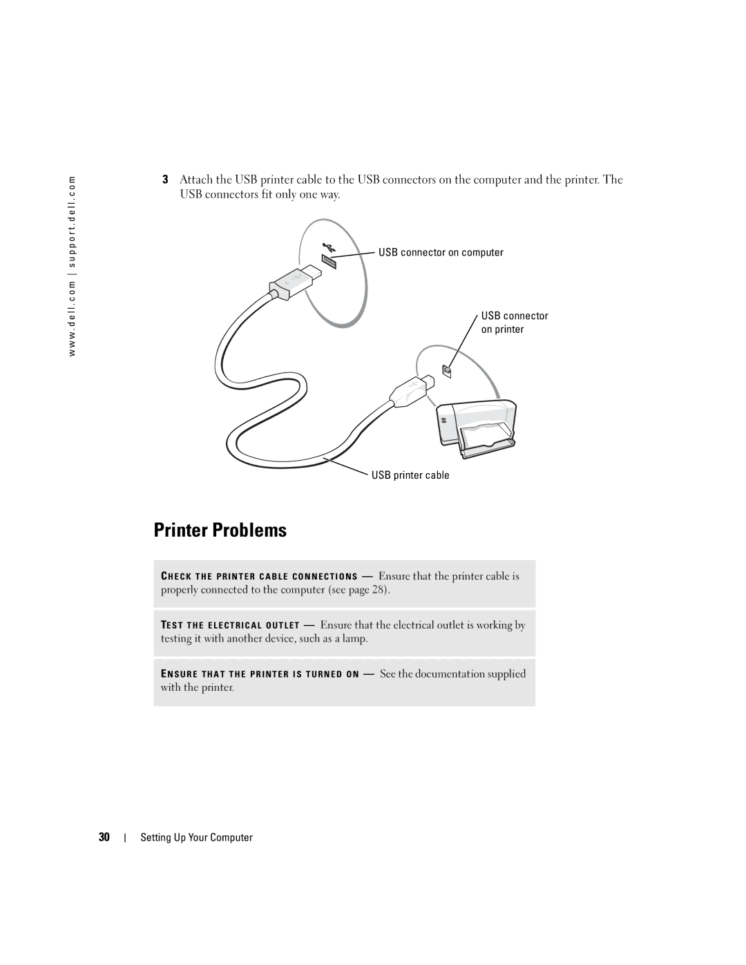 Dell PP10L owner manual Printer Problems, USB connector on computer, USB printer cable 