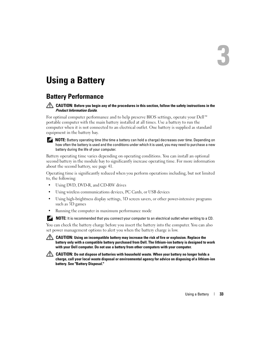 Dell PP10L owner manual Using a Battery, Battery Performance 