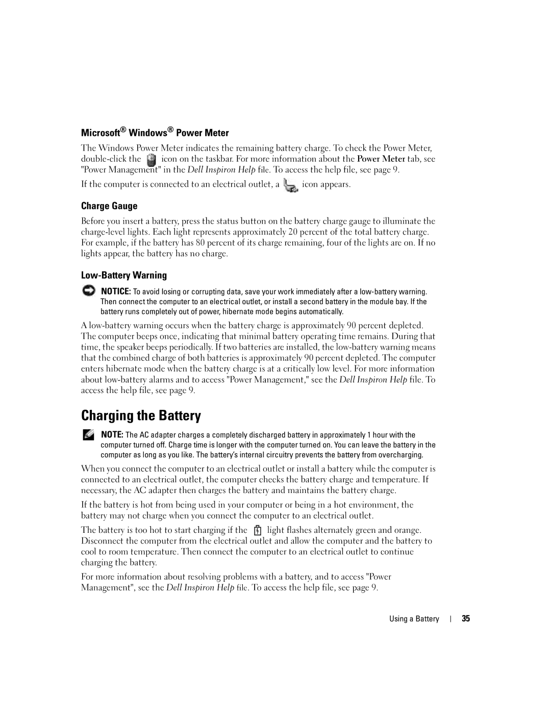 Dell PP10L owner manual Charging the Battery, Microsoft Windows Power Meter, Charge Gauge, Low-Battery Warning 