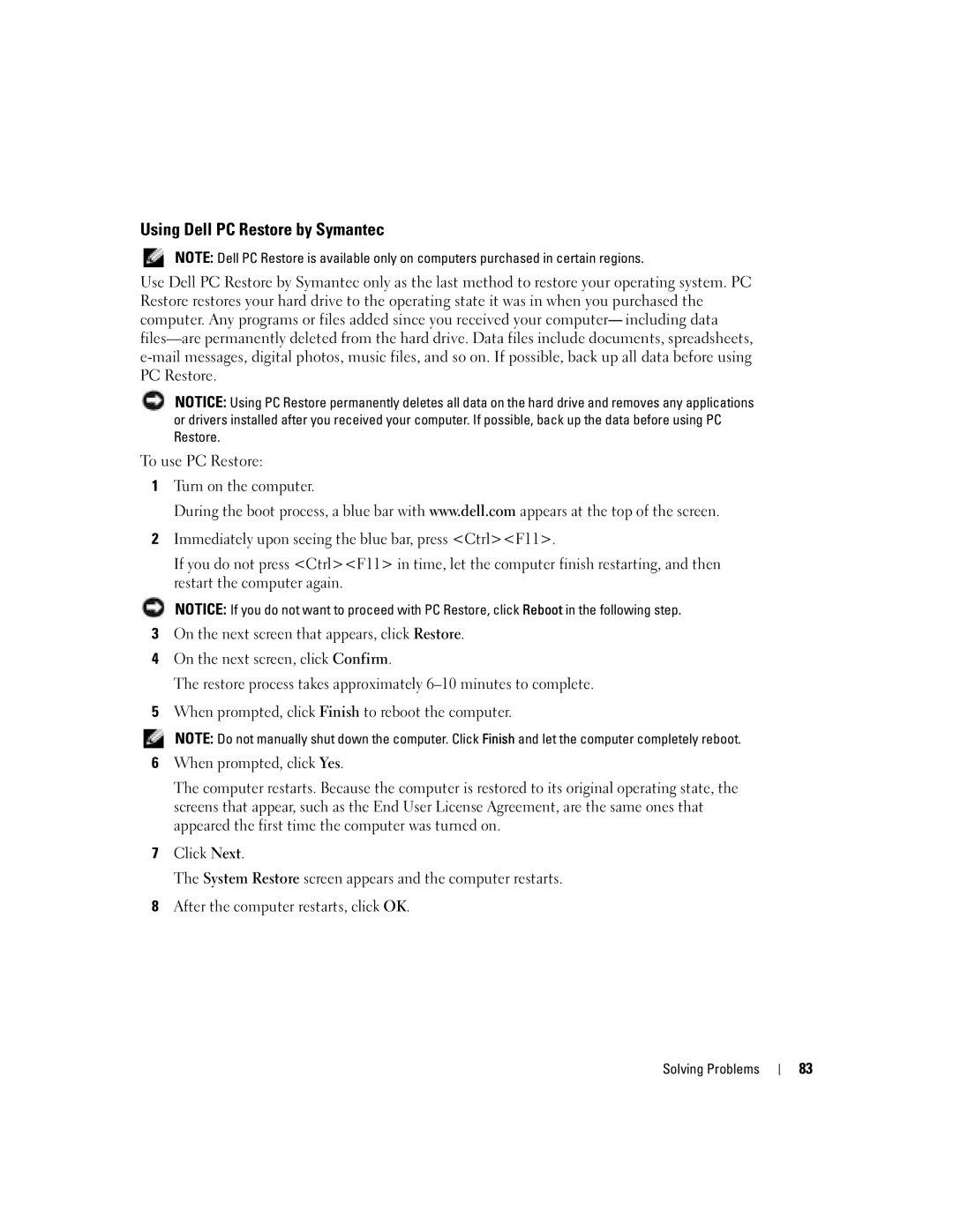 Dell PP10L owner manual Using Dell PC Restore by Symantec 