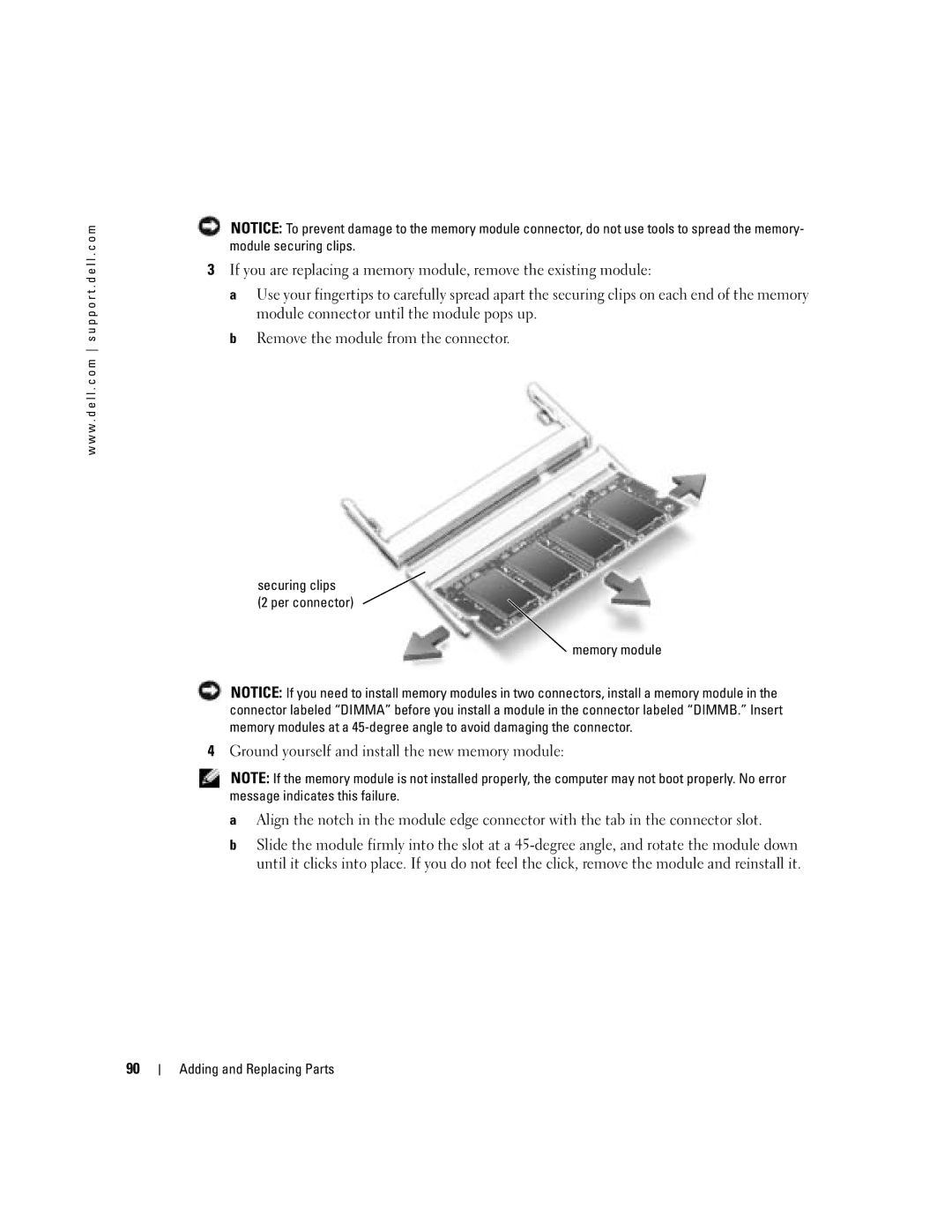 Dell PP10L owner manual Securing clips Per connector Memory module 