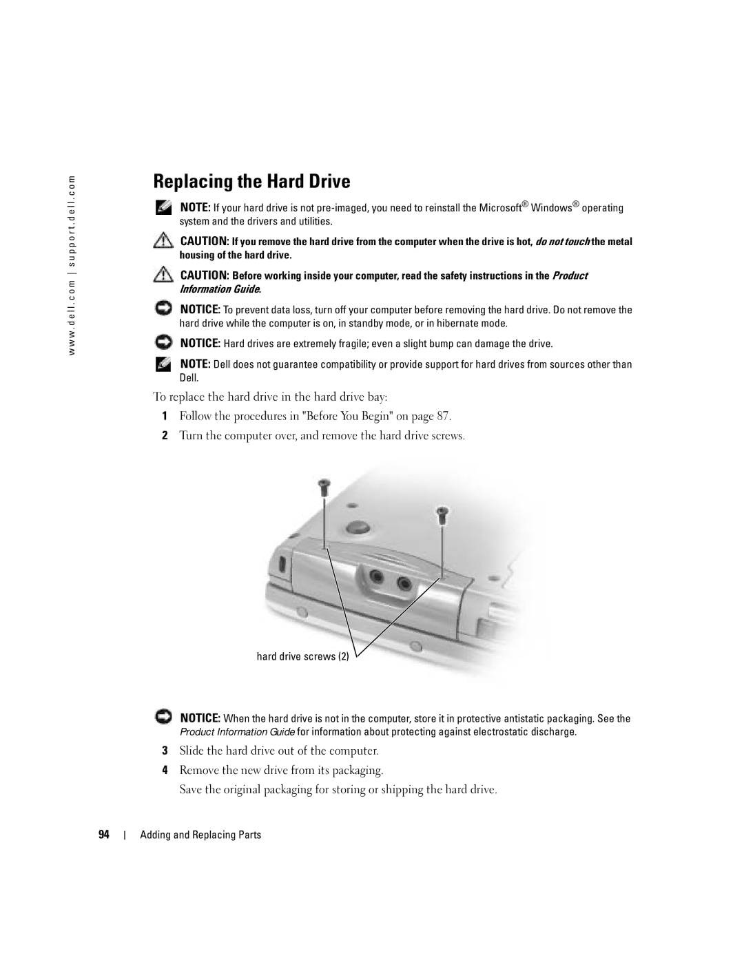 Dell PP10L owner manual Replacing the Hard Drive, Hard drive screws 