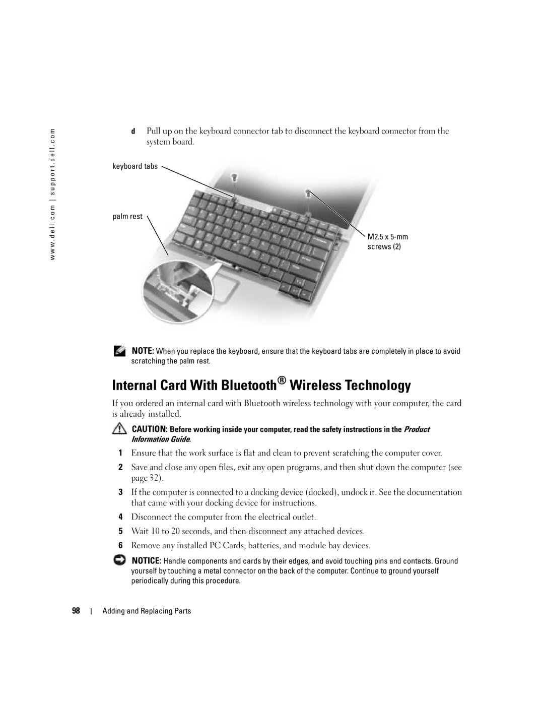 Dell PP10L owner manual Internal Card With Bluetooth Wireless Technology, Keyboard tabs Palm rest 