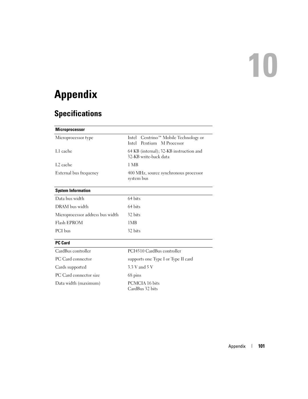 Dell PP10L owner manual Appendix, Specifications, 101 