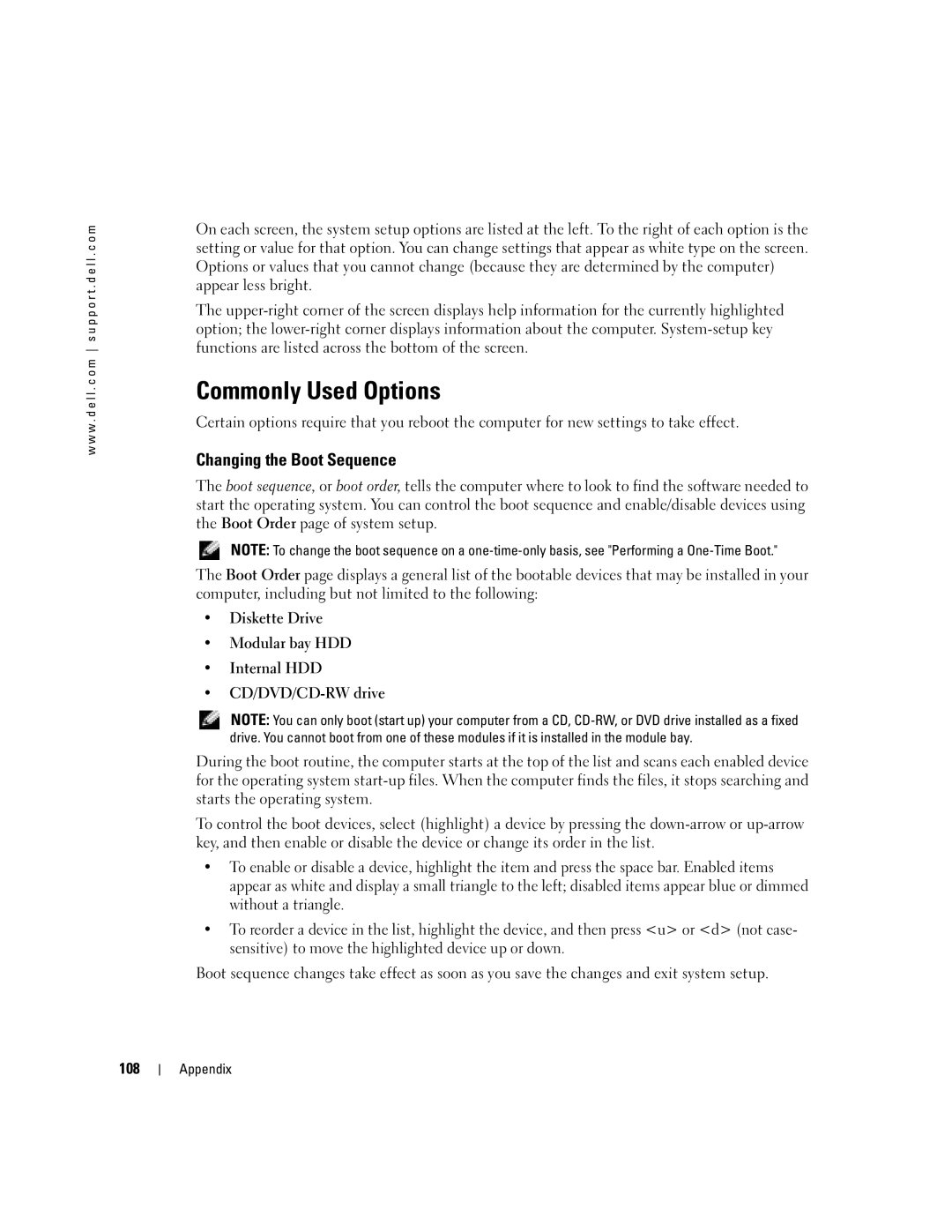 Dell PP10L owner manual Commonly Used Options, Changing the Boot Sequence, 108 