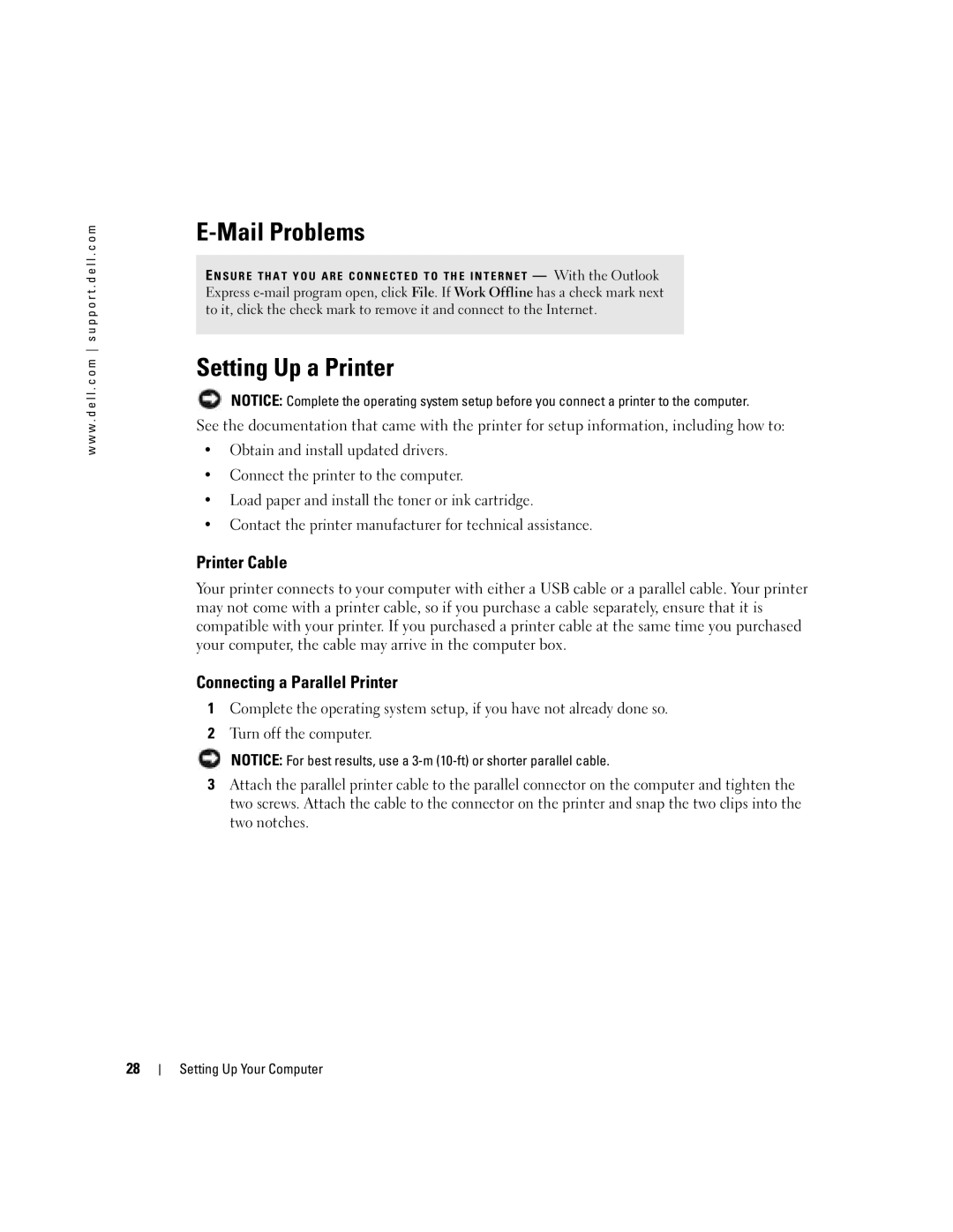 Dell PP10L owner manual Mail Problems, Setting Up a Printer, Printer Cable, Connecting a Parallel Printer 