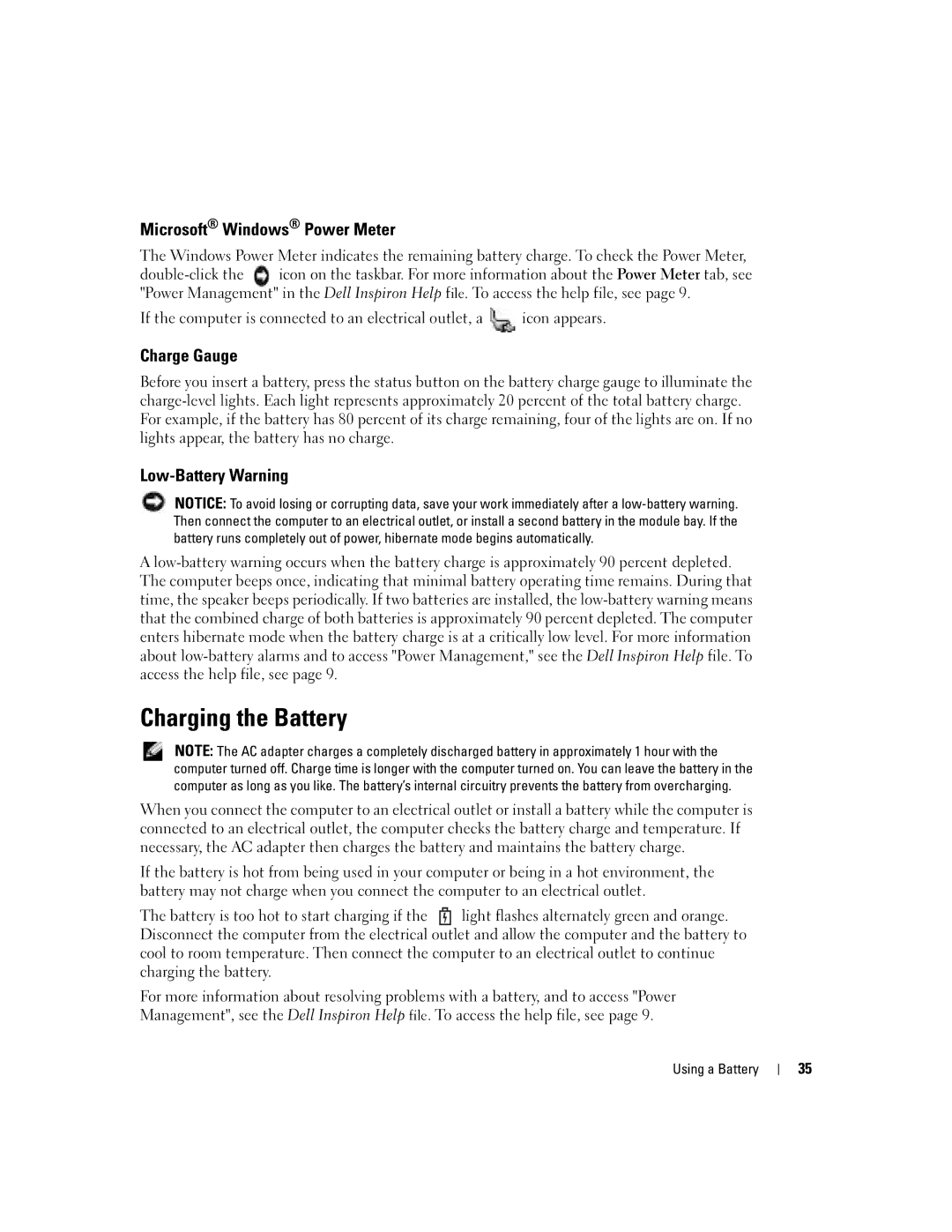 Dell PP10L owner manual Charging the Battery, Microsoft Windows Power Meter, Charge Gauge, Low-Battery Warning 