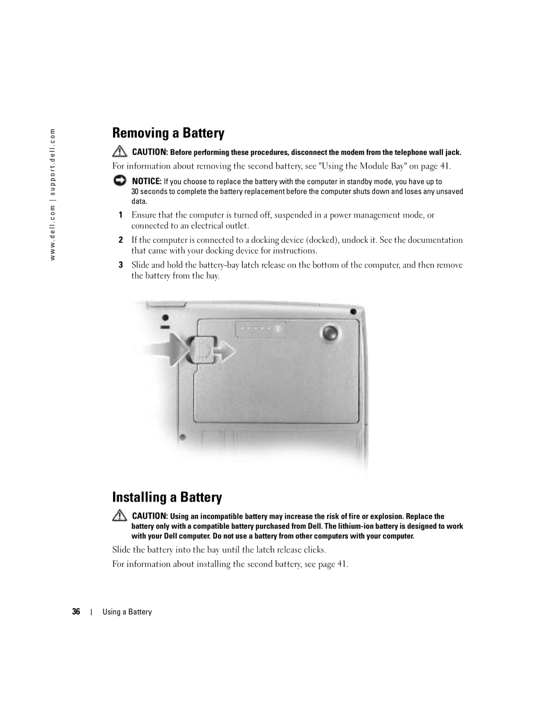 Dell PP10L owner manual Removing a Battery, Installing a Battery 