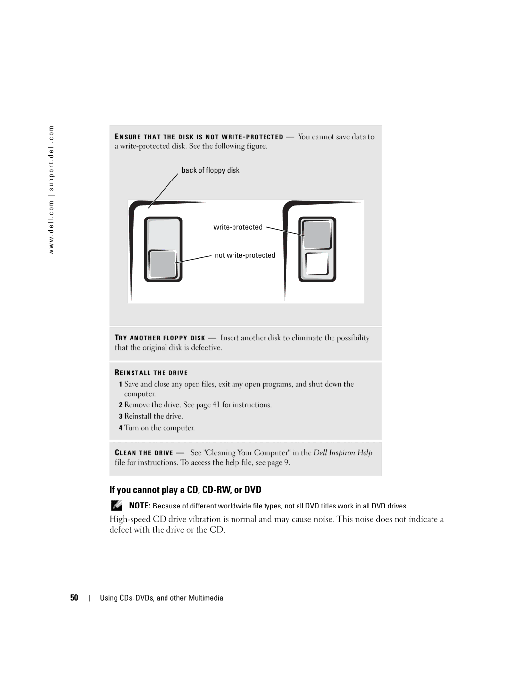 Dell PP10L owner manual If you cannot play a CD, CD-RW, or DVD, Back of floppy disk Write-protected Not write-protected 