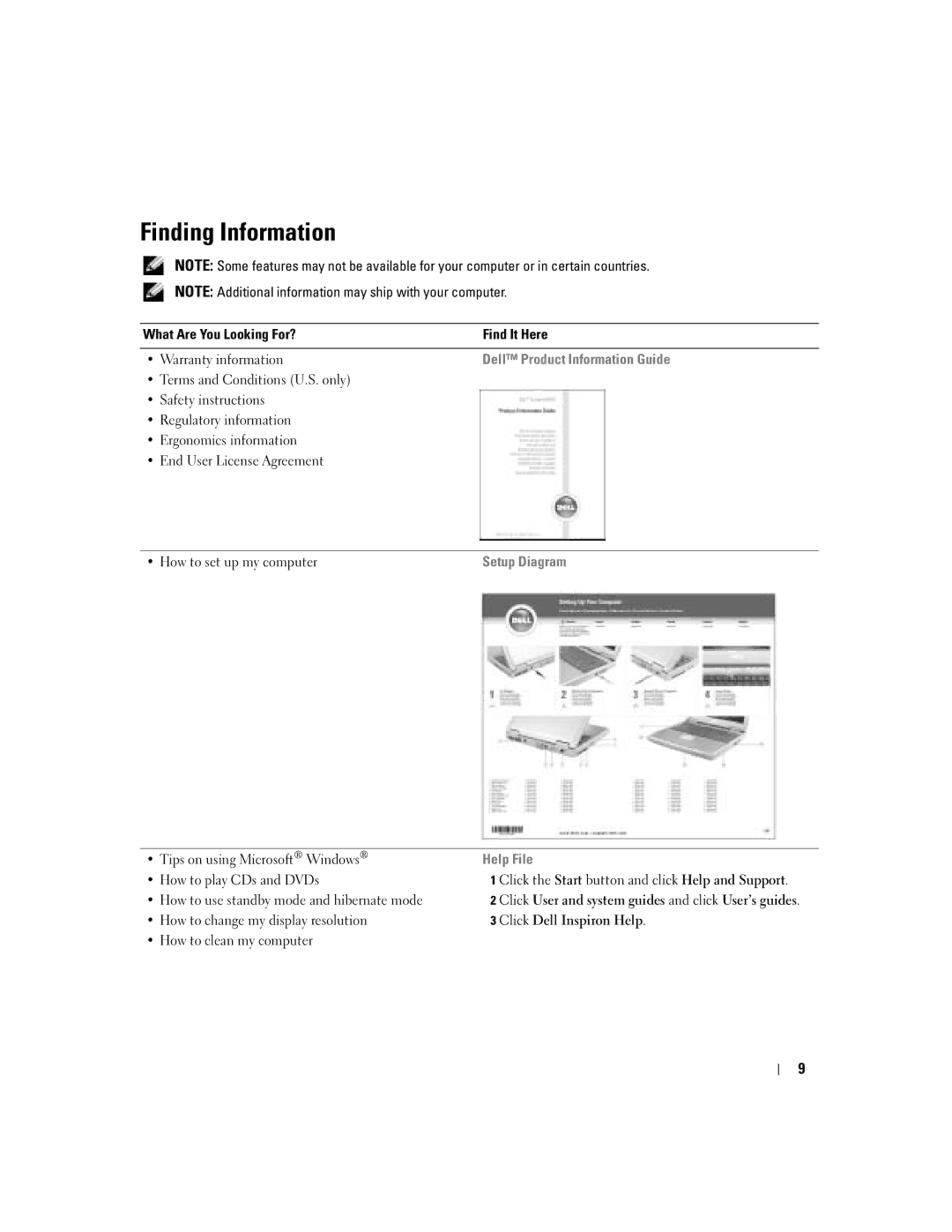 Dell PP10L Finding Information, What Are You Looking For? Find It Here Warranty information, How to play CDs and DVDs 