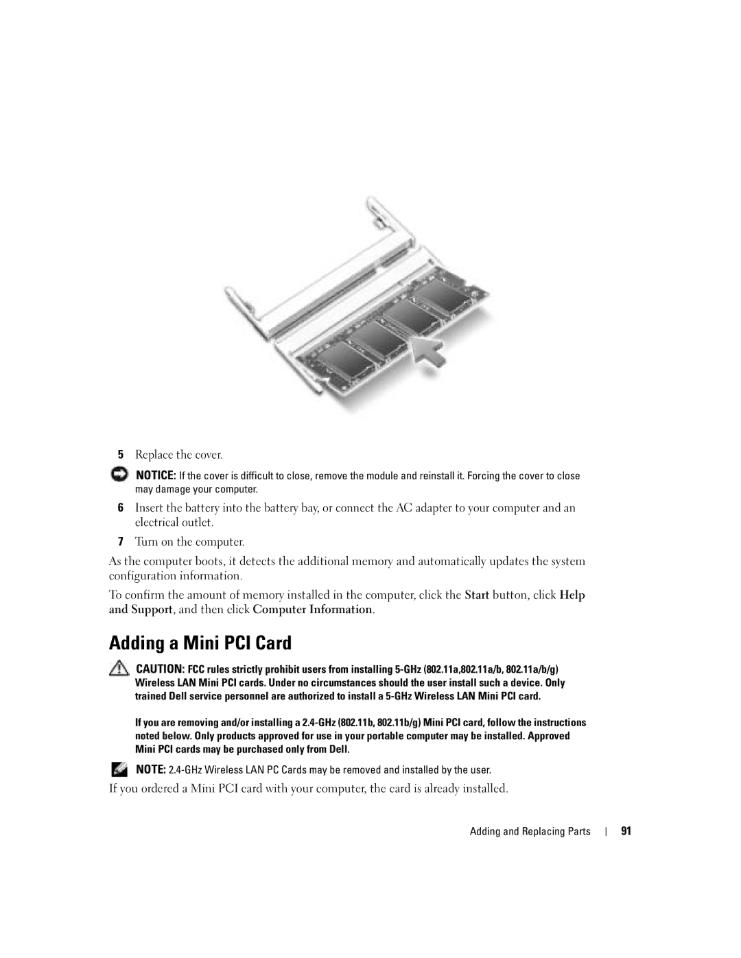 Dell PP10L owner manual Adding a Mini PCI Card 