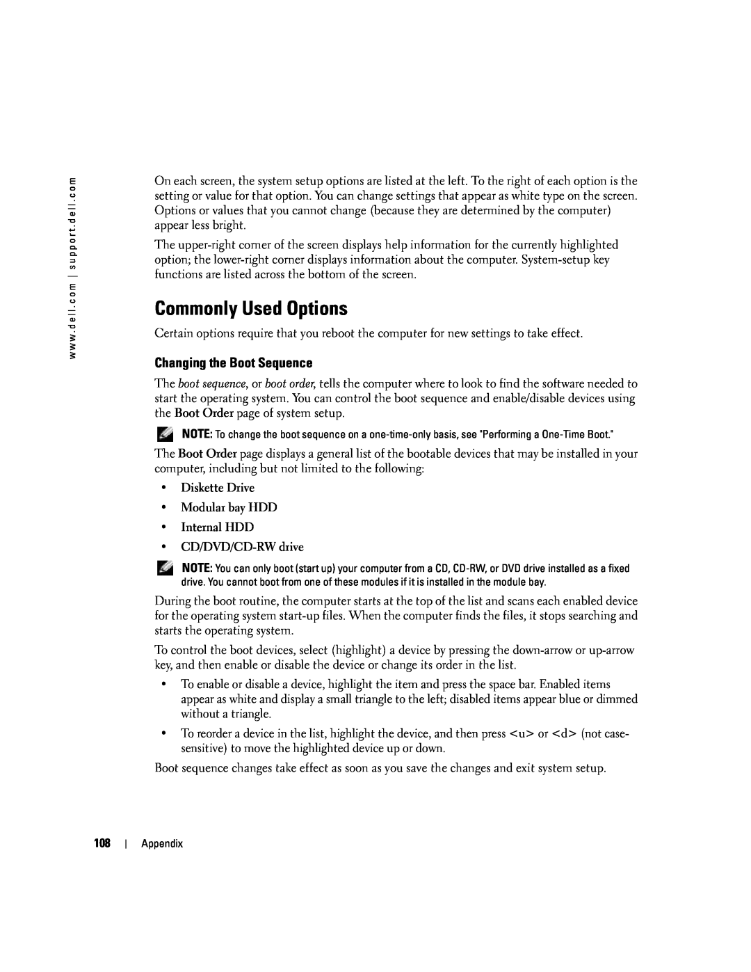 Dell PP10L owner manual Commonly Used Options, Changing the Boot Sequence 