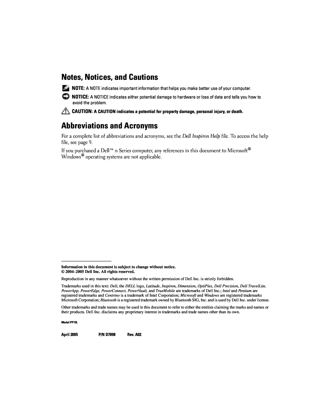 Dell PP10L owner manual Notes, Notices, and Cautions, Abbreviations and Acronyms, April, P/N D7898 