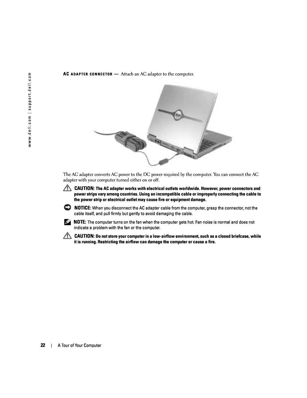 Dell PP10L owner manual AC A D A P T E R C O N N E C T O R - Attach an AC adapter to the computer 