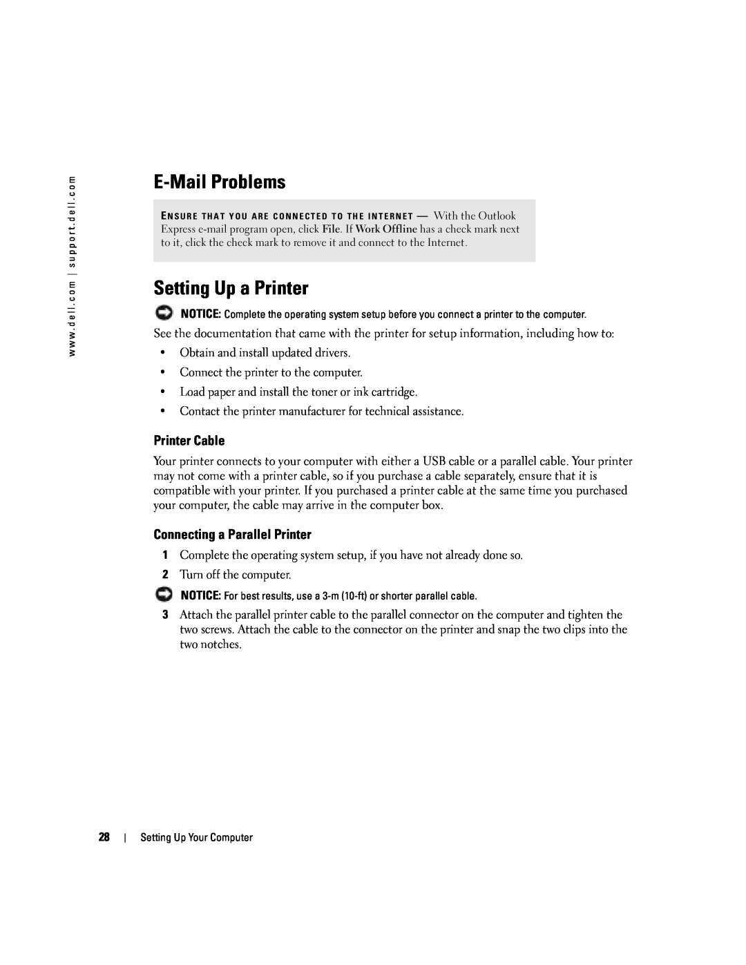 Dell PP10L owner manual E-Mail Problems, Setting Up a Printer, Printer Cable, Connecting a Parallel Printer 