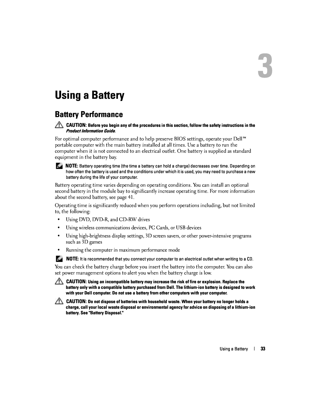 Dell PP10L owner manual Using a Battery, Battery Performance 