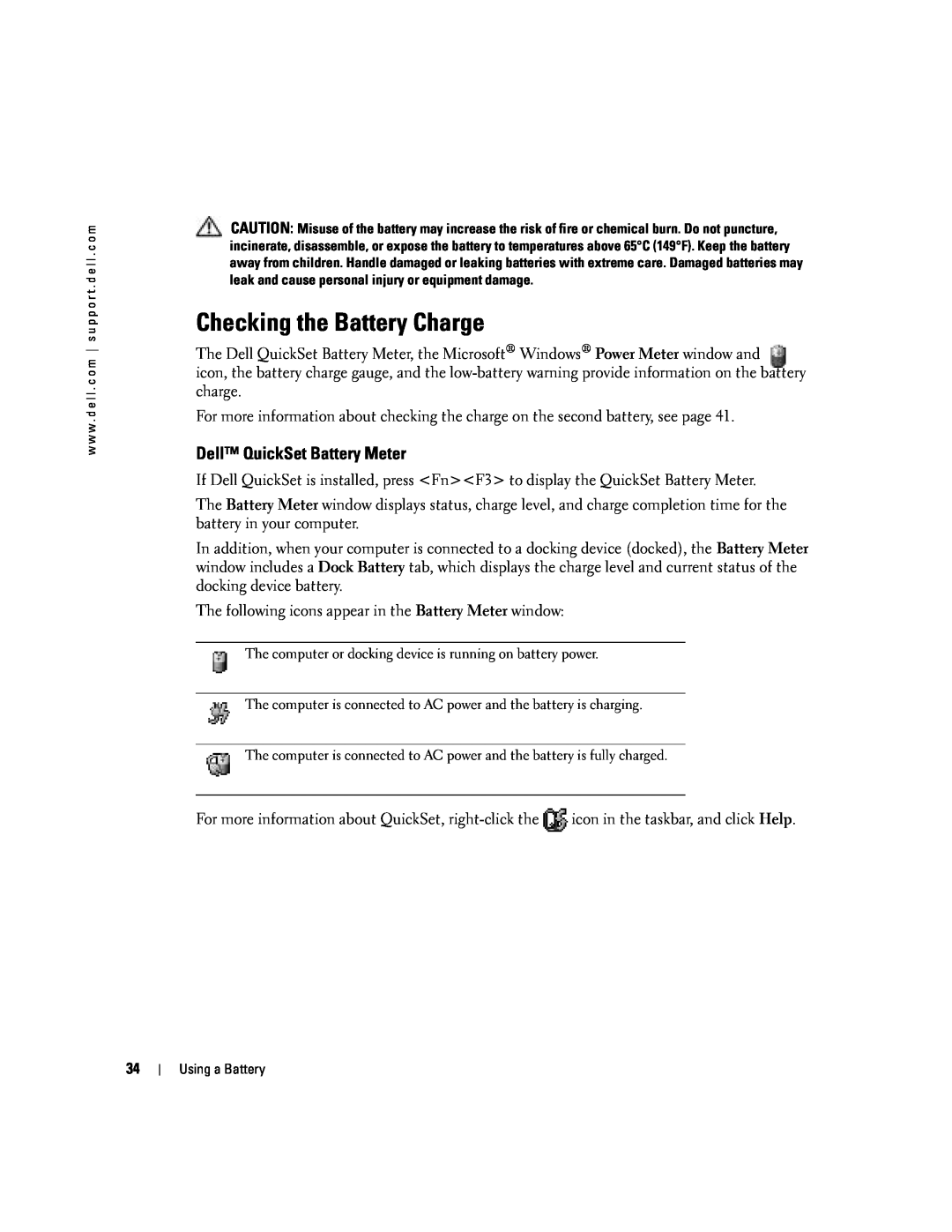Dell PP10L owner manual Checking the Battery Charge, Dell QuickSet Battery Meter 