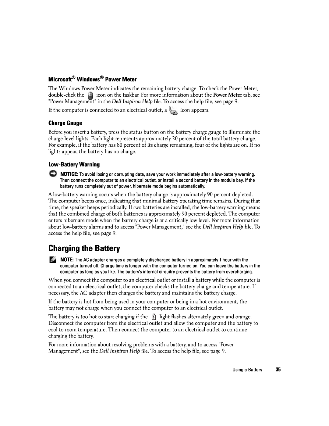 Dell PP10L owner manual Charging the Battery, Microsoft Windows Power Meter, Charge Gauge, Low-Battery Warning 