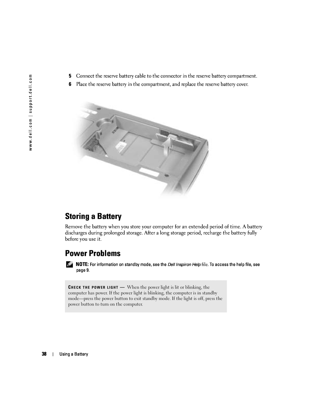 Dell PP10L owner manual Storing a Battery, Power Problems 