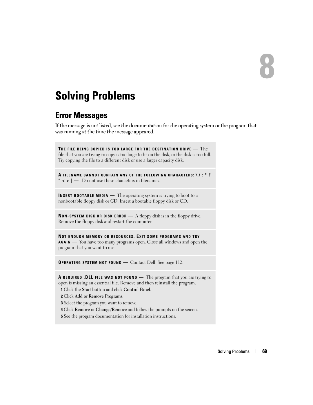 Dell PP10L owner manual Solving Problems, Error Messages 